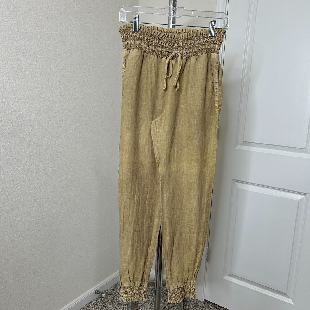 Bella Dahl Womens Pants XS Beige 100 Linen Smocked Waist Jogger Beach Casual